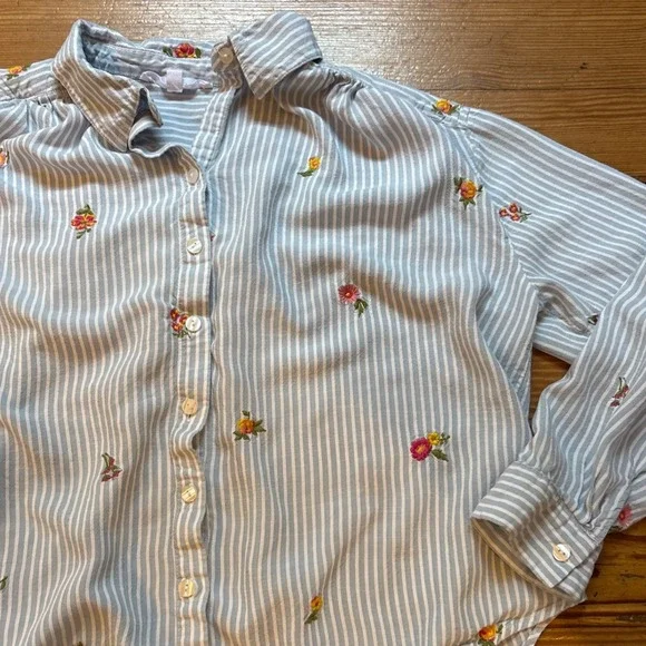 Jane + Delancey Button Down Women Blue Floral Striped Embroidered SIZE L - Picture 2 of 5